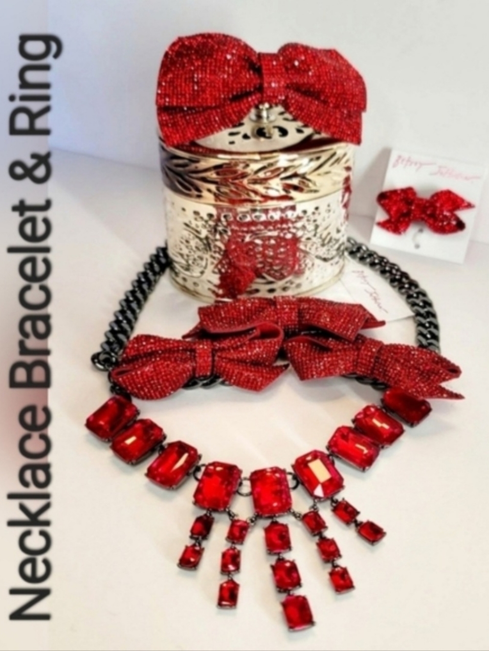 ❤️Betsey Johnson Red Sparkle Bow Patriotic July Holiday Necklace Bracelet & Ring